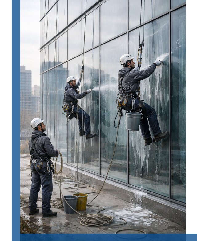 Промышленная мойка панорамных окон на высоте в Георгиевске