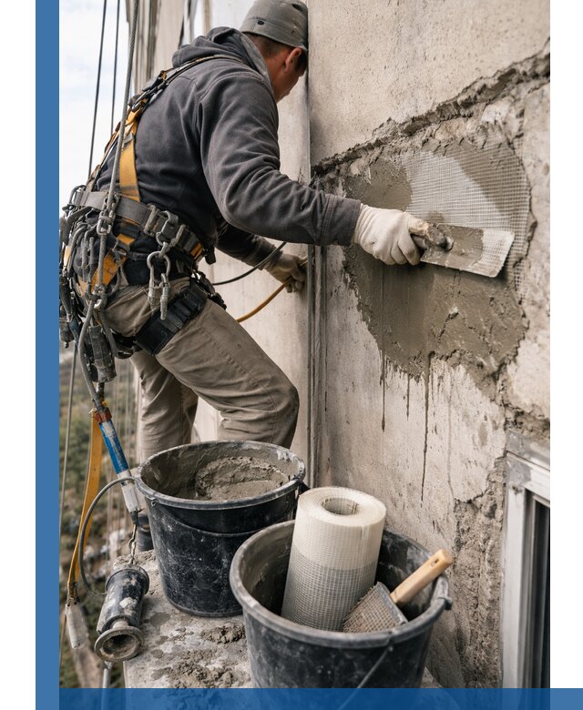 Ремонт бетонных элементов фасада промышленными альпинистами в Георгиевске