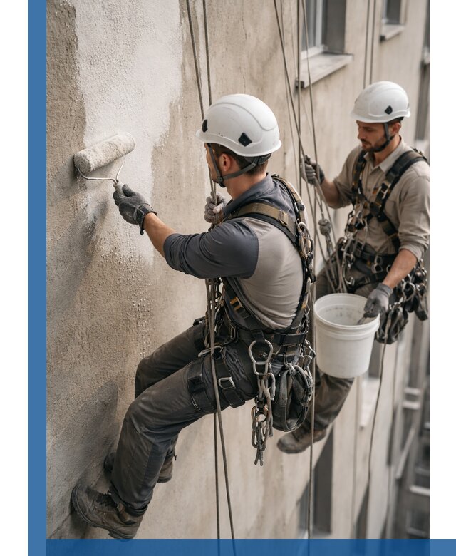 Грунтовка фасада на высоте в Георгиевске промышленными альпинистами