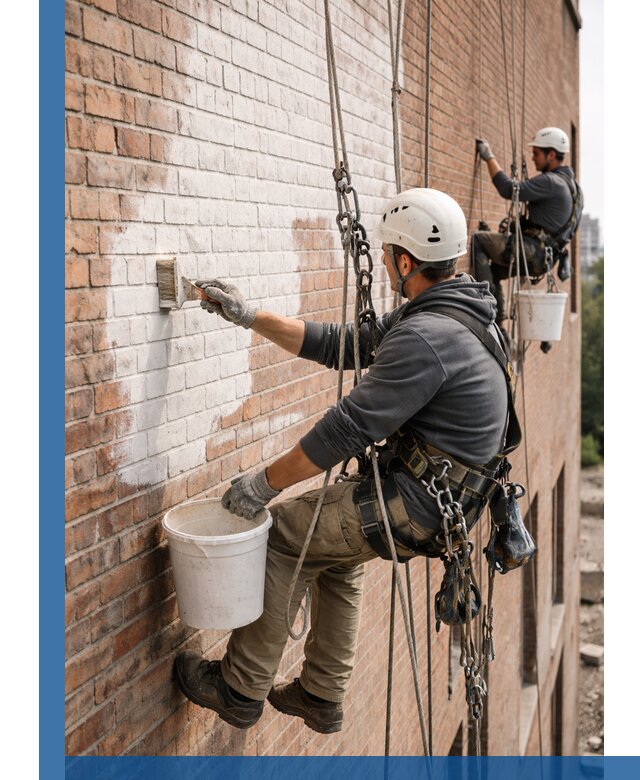 Покраска кирпичного фасада с доступным альпинистским сервисом в Георгиевске