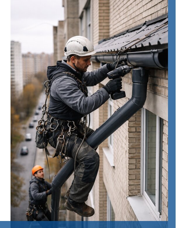 Монтаж водосточной системы на здании в Георгиевске от 5154 р. | ВЫСОТНИК-Грг