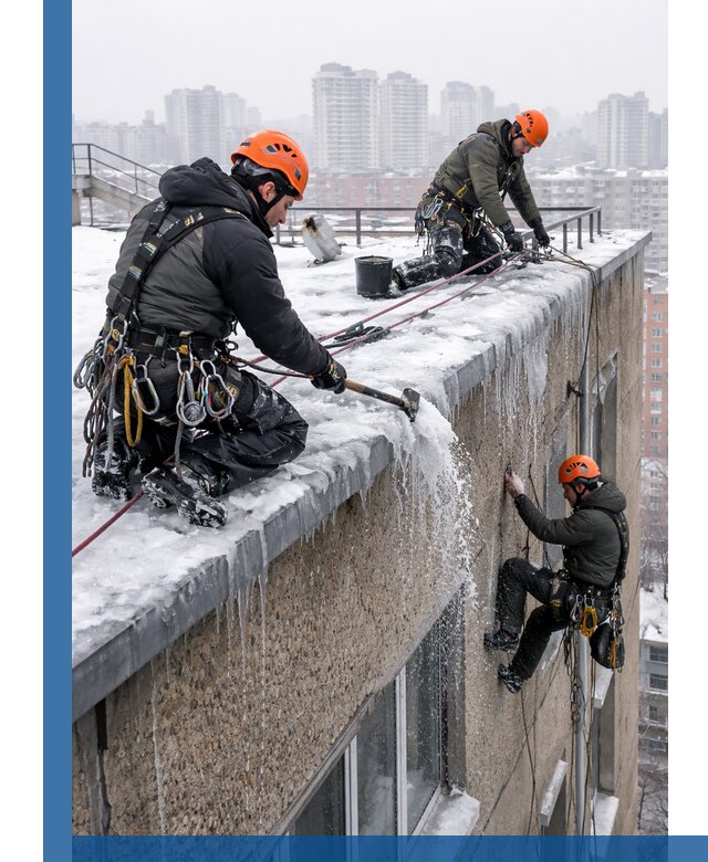 Удаление наледи с кровли в Георгиевске промышленными альпинистами