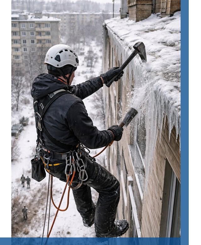 Сбивание сосулек с крыши в Георгиевске по цене от 4638 р. | ВЫСОТНИК-Грг