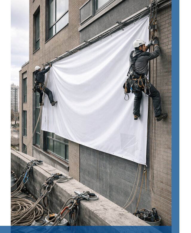 Монтаж баннеров на фасаде в Георгиевске от 670 р. заказать ВЫСОТНИК-Грг