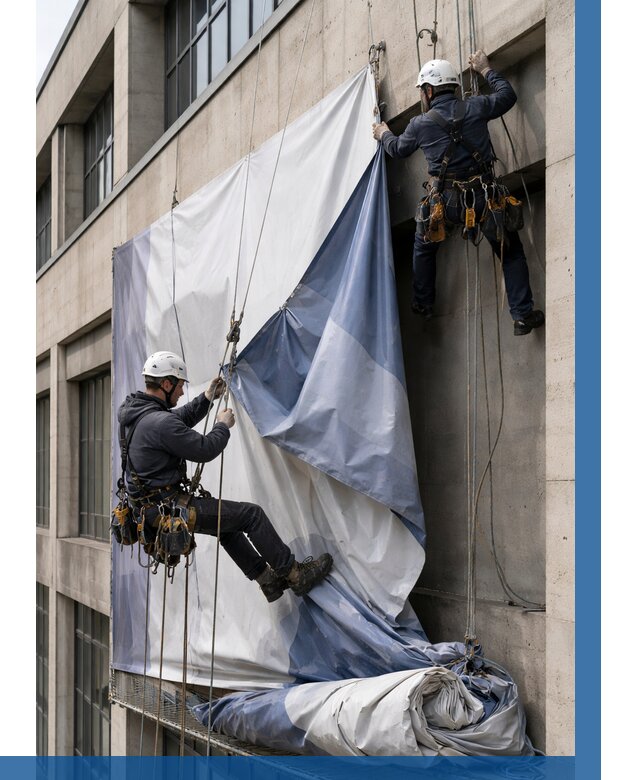 Демонтаж баннеров с фасада в Георгиевске от 4638 р. | ВЫСОТНИК-Грг