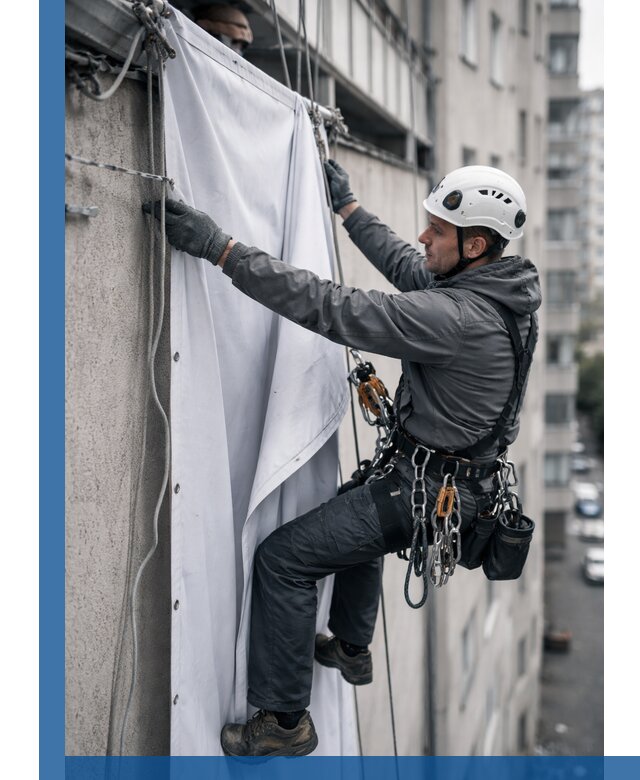 Замена баннерного полотна промышленными альпинистами в Георгиевске