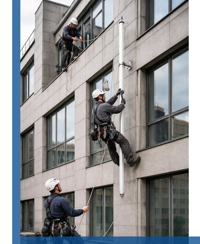 Монтаж флагштока на фасаде здания с креплением и герметикой в Георгиевске