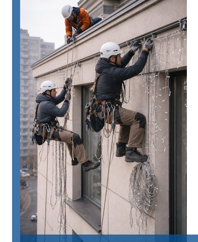 Монтаж праздничных гирлянд на фасаде в Георгиевске для зданий