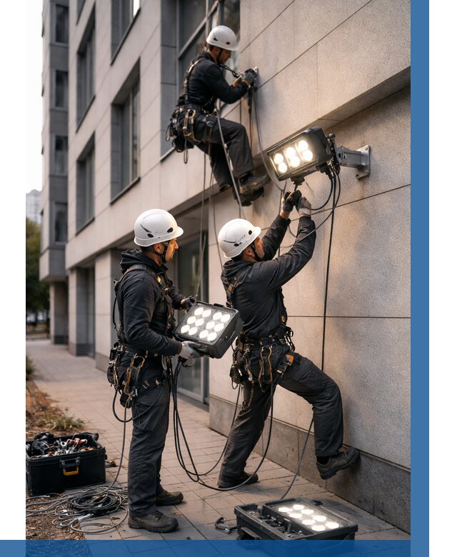 Монтаж прожекторов на фасаде в Георгиевске от 7730 р. | ВЫСОТНИК-Грг