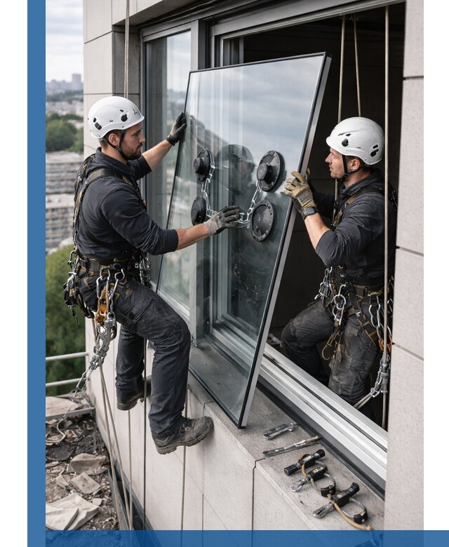 Замена стеклопакетов на высоте с промышленными альпинистами в Георгиевске