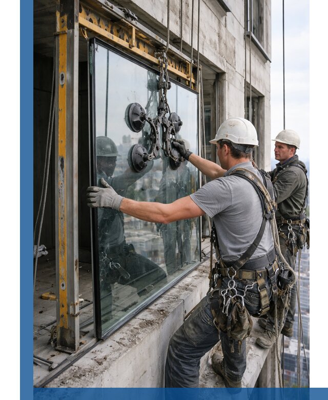 Монтаж стеклопакетов на высоте в Георгиевске с промышленным альпинизмом