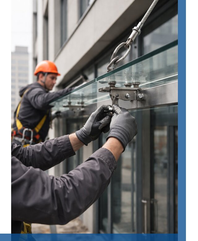 Монтаж стеклянных козырьков в Георгиевске от 8761 р. | ВЫСОТНИК-Грг