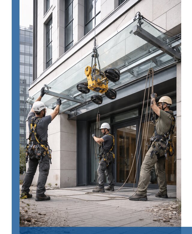 Монтаж стеклянных козырьков под ключ в Георгиевске для зданий