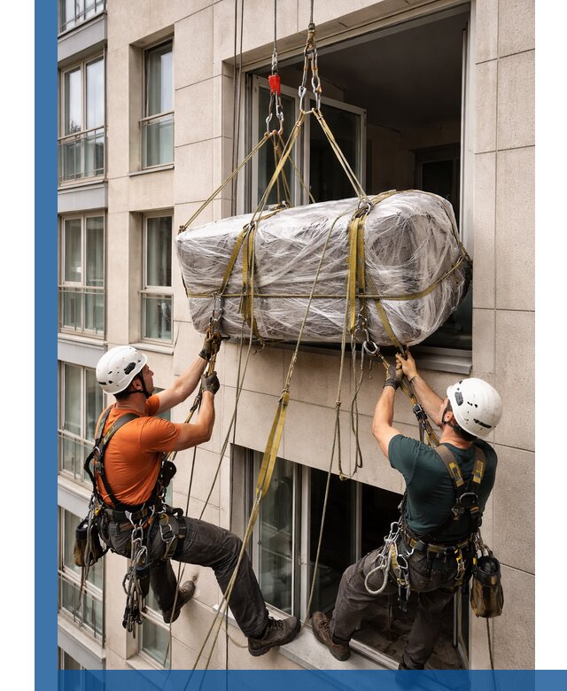 Подъем грузов через окно в Георгиевске промышленными альпинистами